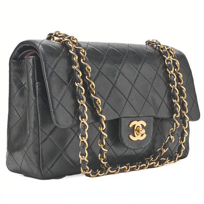 CHANEL Lambskin Matelasse W Flap 25 Chain Shoulder Black Gold-Tone Hardware, Pre-Owned