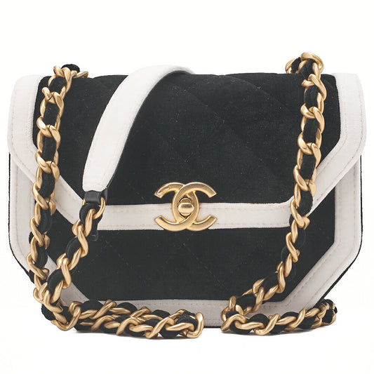 CHANEL Velor Mini Matelasse 20cm Baikara Chain Shoulder Black X White G Metal Fittings Random Plate Gold-Tone Hardware, Pre-Owned