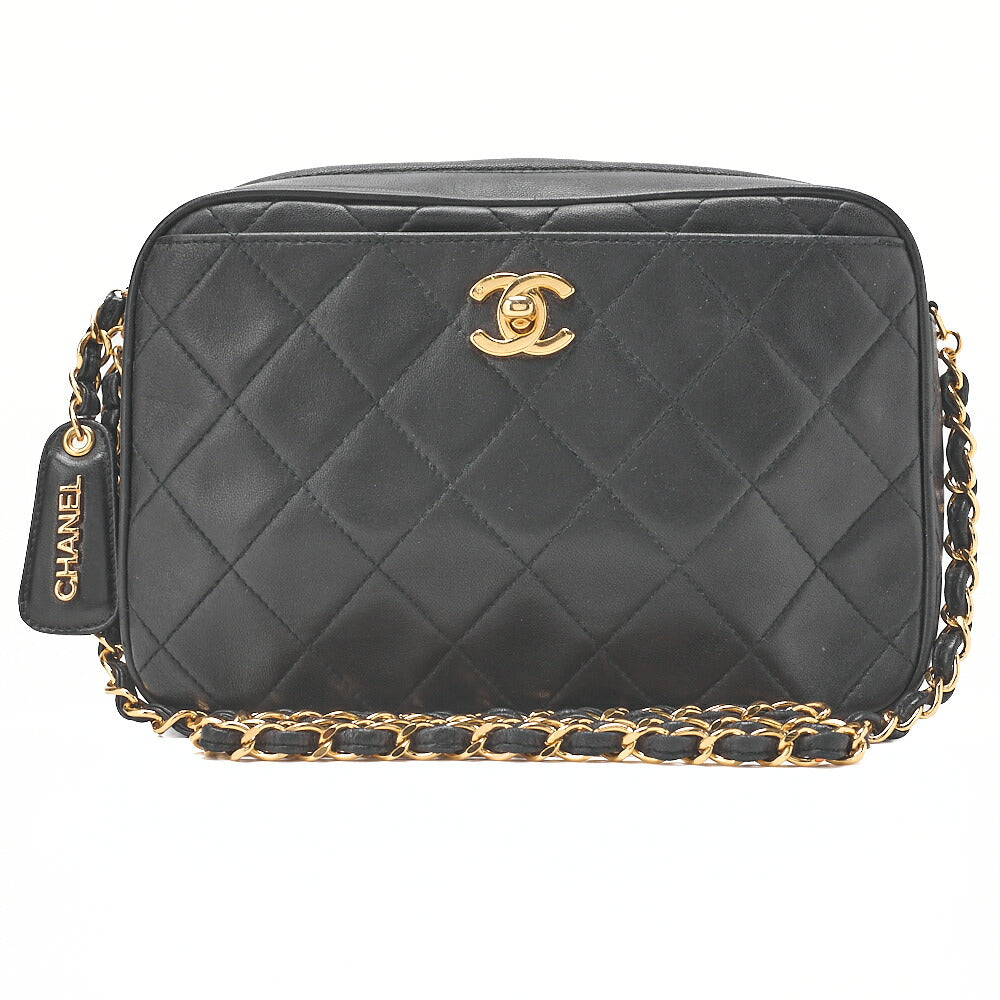 CHANEL Matelasse Logo Charm Camera Back Shoulder Bag Lambskin Black Gold-Tone Hardware, Pre-Owned