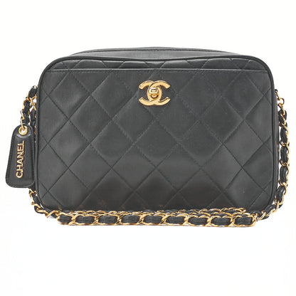 CHANEL Matelasse Logo Charm Camera Back Shoulder Bag Lambskin Black Gold-Tone Hardware, Pre-Owned