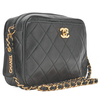 CHANEL Matelasse Logo Charm Camera Back Shoulder Bag Lambskin Black Gold-Tone Hardware, Pre-Owned