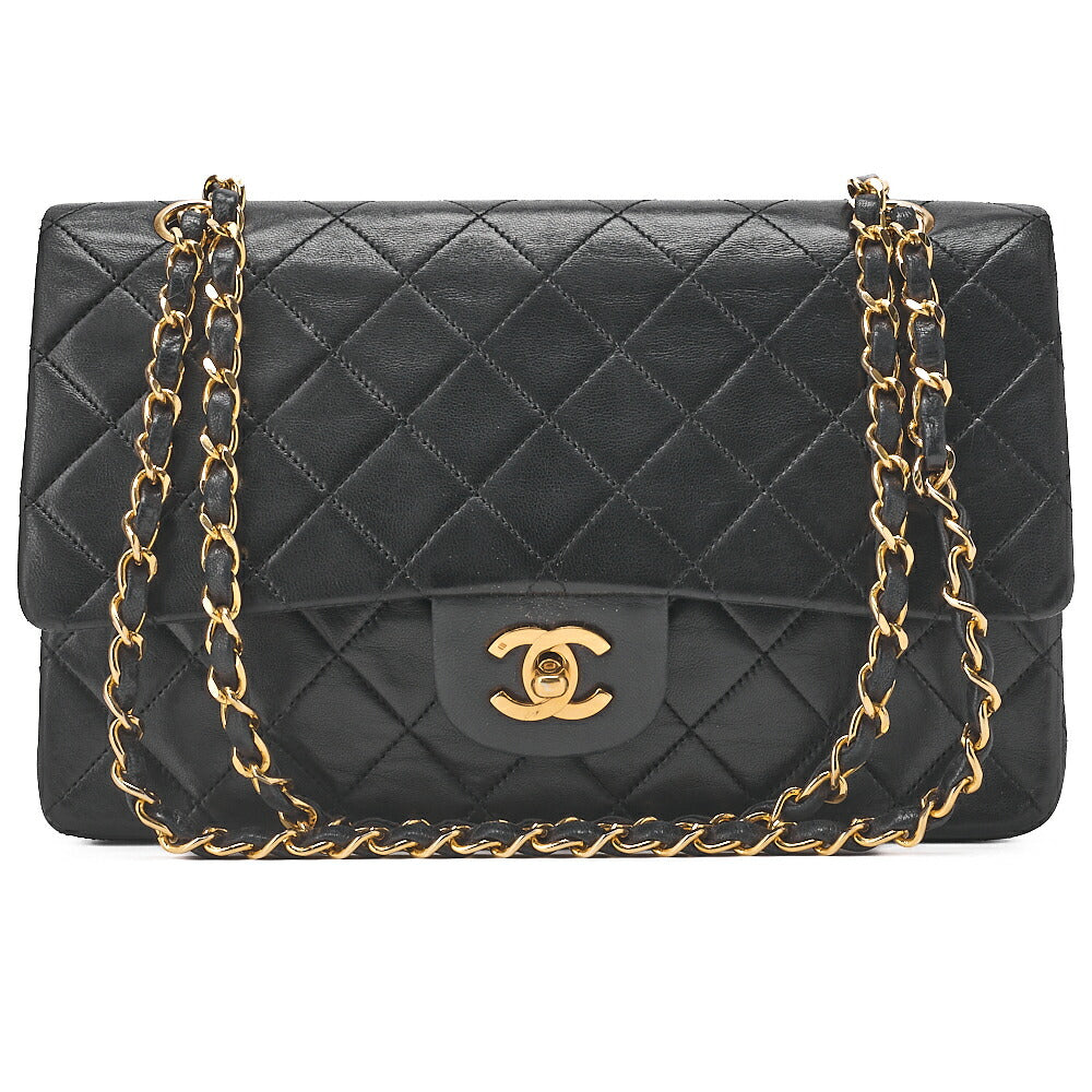 CHANEL Chain Shoulder Bag Matelasse Double Flap 25cm Lambskin Black Gold-Tone Hardware, Pre-Owned