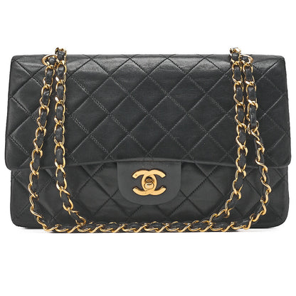CHANEL Chain Shoulder Bag Matelasse Double Flap 25cm Lambskin Black Gold-Tone Hardware, Pre-Owned