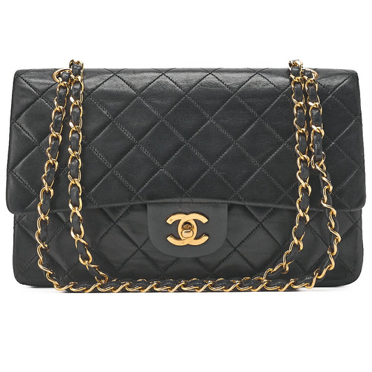 CHANEL Chain Shoulder Bag Matelasse Double Flap 25cm Lambskin Black Gold-Tone Hardware, Pre-Owned