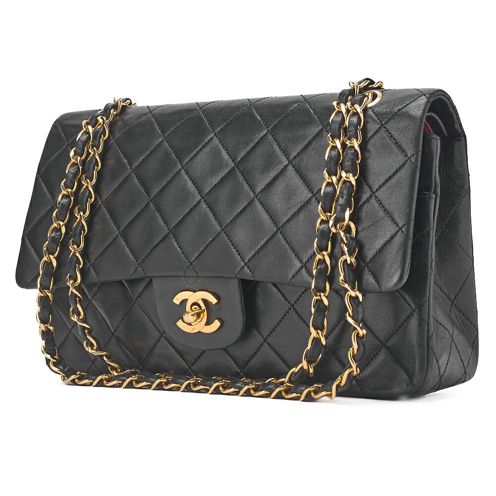 CHANEL Chain Shoulder Bag Matelasse Double Flap 25cm Lambskin Black Gold-Tone Hardware, Pre-Owned