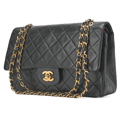 CHANEL Chain Shoulder Bag Matelasse Double Flap 25cm Lambskin Black Gold-Tone Hardware, Pre-Owned