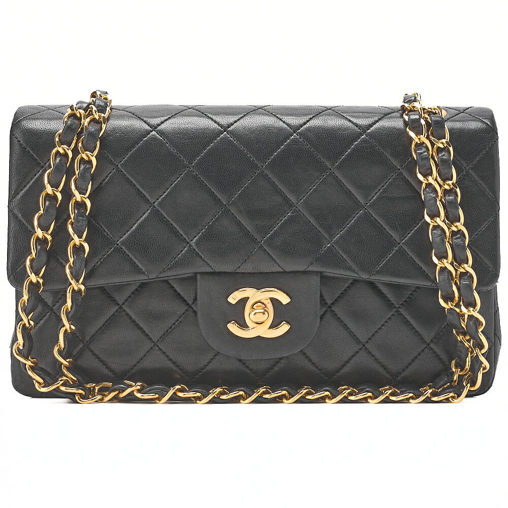 CHANEL Matelasse Double Flap 23cm Chain Shoulder Lambskin Black Gold-Tone Hardware, Pre-Owned