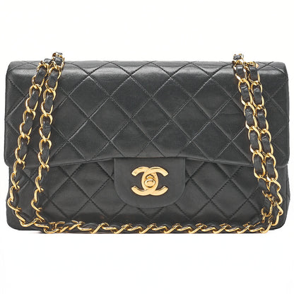 CHANEL Matelasse Double Flap 23cm Chain Shoulder Lambskin Black Gold-Tone Hardware, Pre-Owned