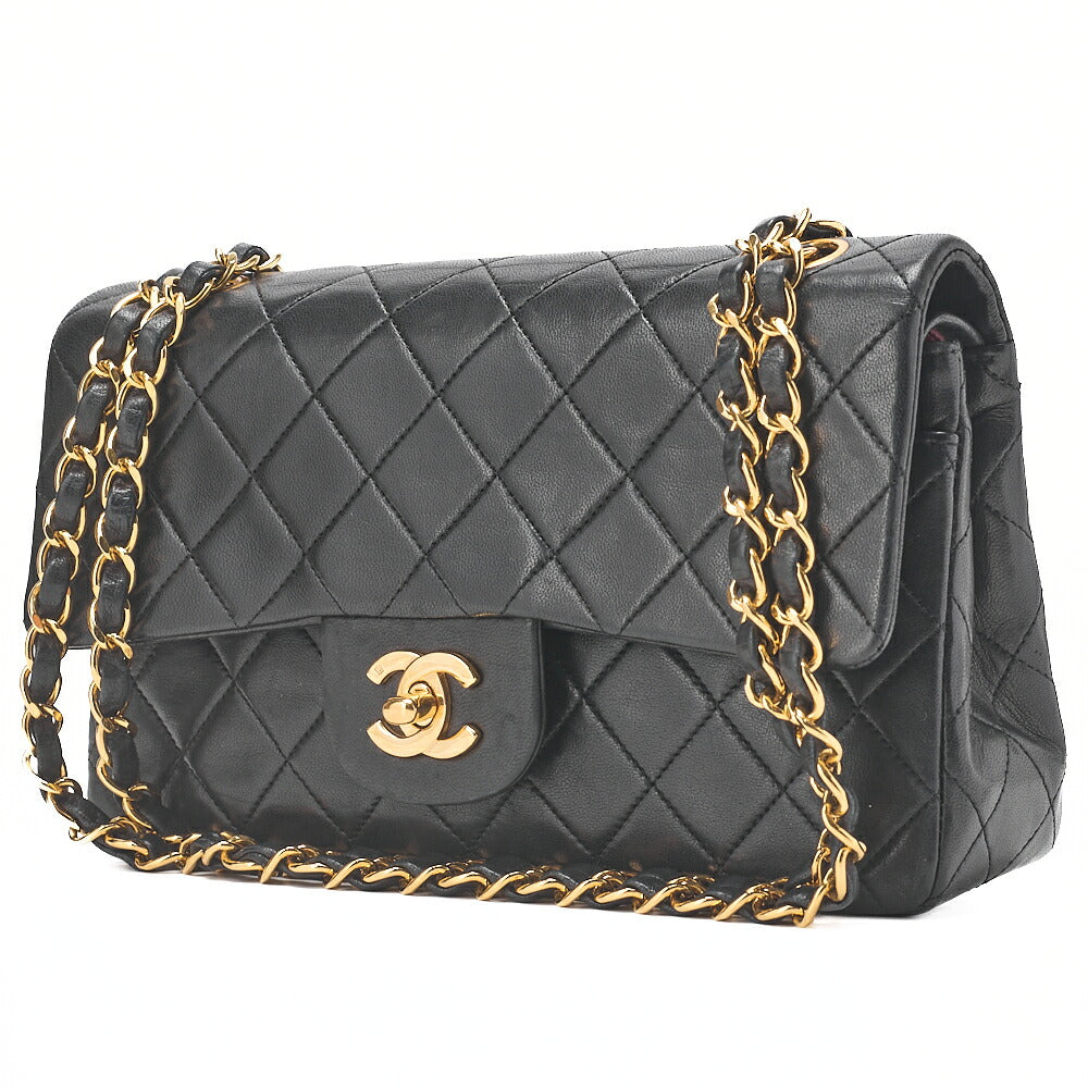 CHANEL Matelasse Double Flap 23cm Chain Shoulder Lambskin Black Gold-Tone Hardware, Pre-Owned