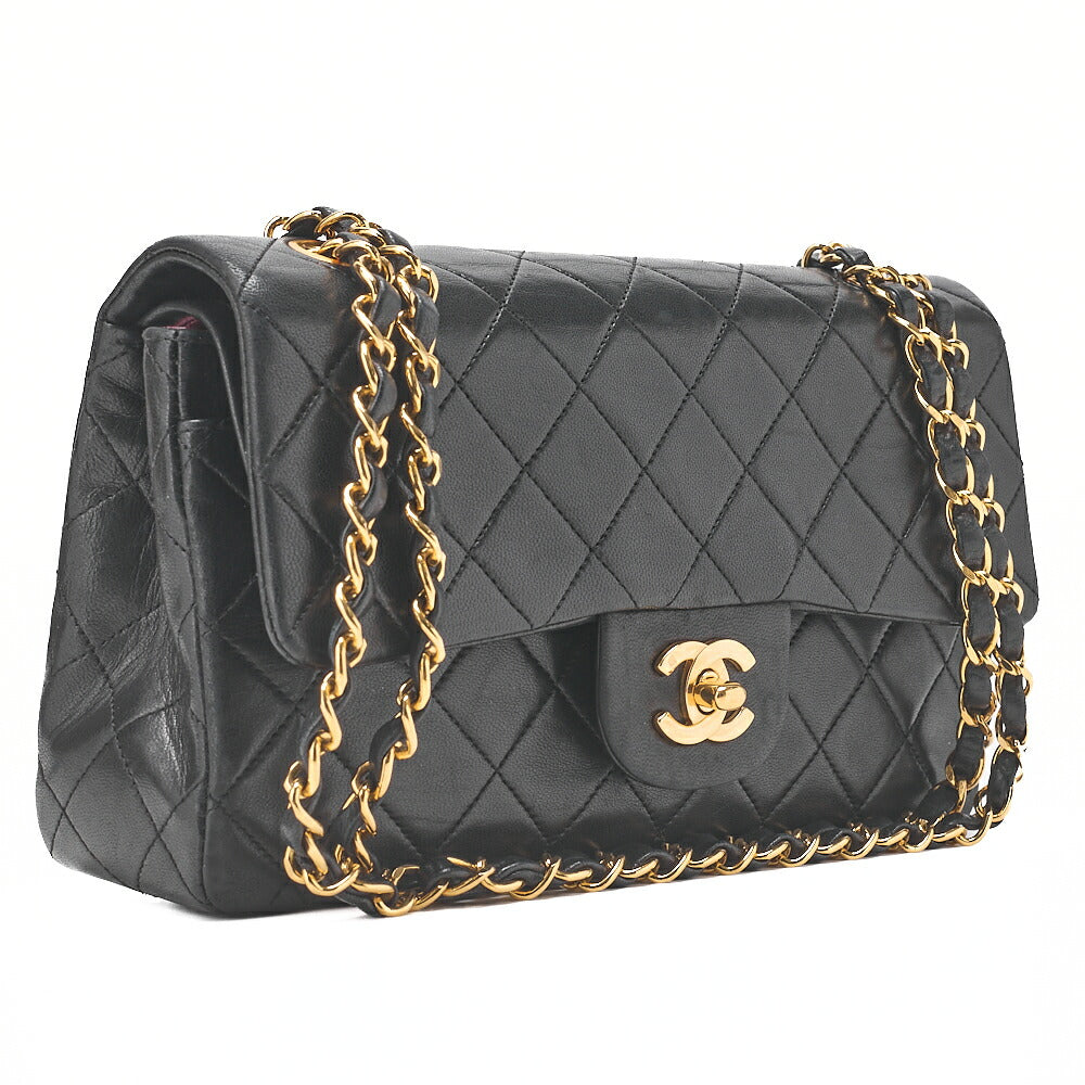 CHANEL Matelasse Double Flap 23cm Chain Shoulder Lambskin Black Gold-Tone Hardware, Pre-Owned
