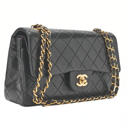 CHANEL Matelasse Double Flap 23cm Chain Shoulder Lambskin Black Gold-Tone Hardware, Pre-Owned