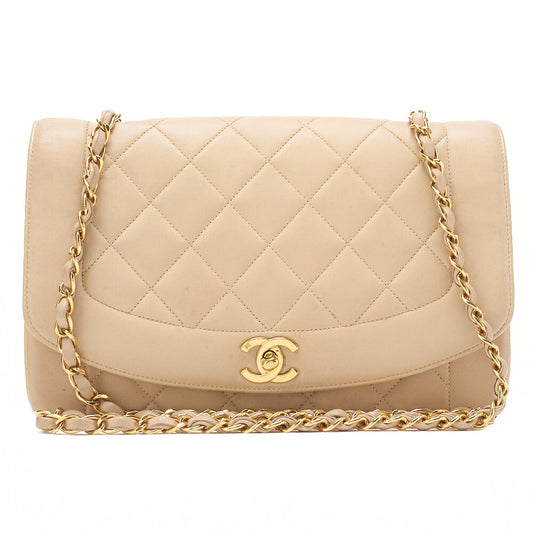 CHANEL Matelasse Diana Flap 25cm Chain Shoulder Lambskin Beige Gold-Tone Hardware, Pre-Owned