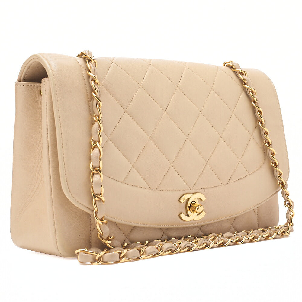 CHANEL Matelasse Diana Flap 25cm Chain Shoulder Lambskin Beige Gold-Tone Hardware, Pre-Owned