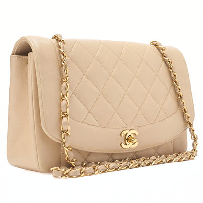 CHANEL Matelasse Diana Flap 25cm Chain Shoulder Lambskin Beige Gold-Tone Hardware, Pre-Owned