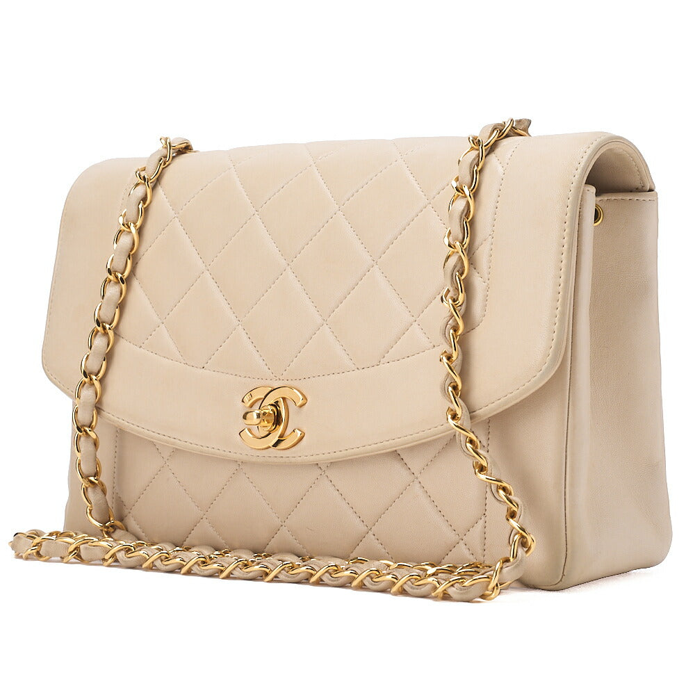 CHANEL Matelasse  Diana Flap 24cm Chain Shoulder Lambskin Beige Gold-Tone Hardware, Pre-Owned