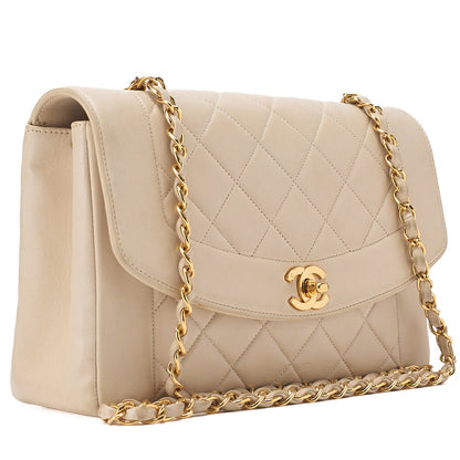 CHANEL Matelasse  Diana Flap 24cm Chain Shoulder Lambskin Beige Gold-Tone Hardware, Pre-Owned