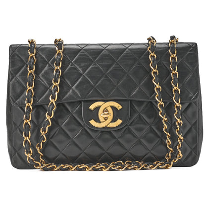CHANEL Chain Shoulder Bag Deca Matelasse 34cm Single Flap Lambskin Black Gold-Tone Hardware, Pre-Owned