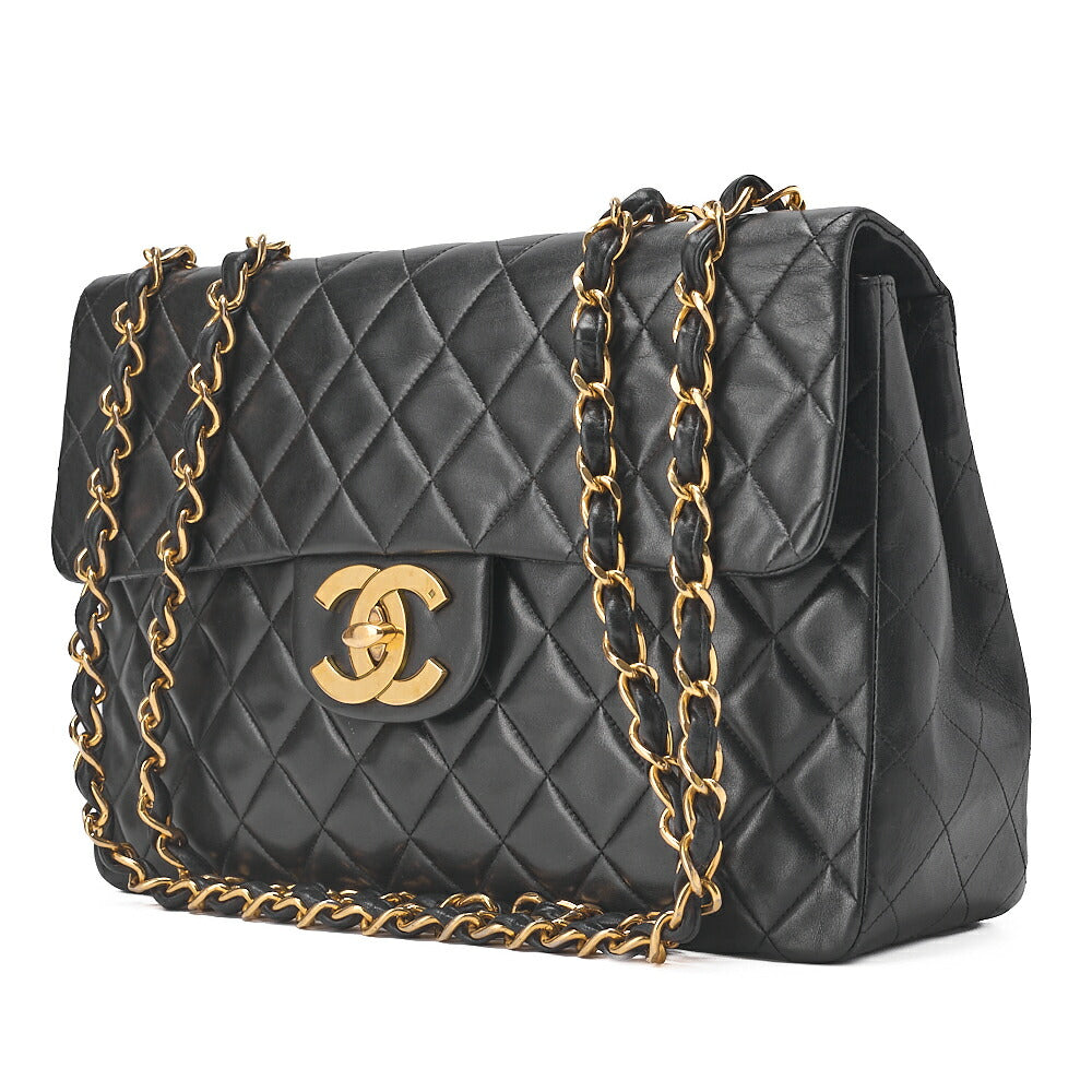 CHANEL Chain Shoulder Bag Deca Matelasse 34cm Single Flap Lambskin Black Gold-Tone Hardware, Pre-Owned