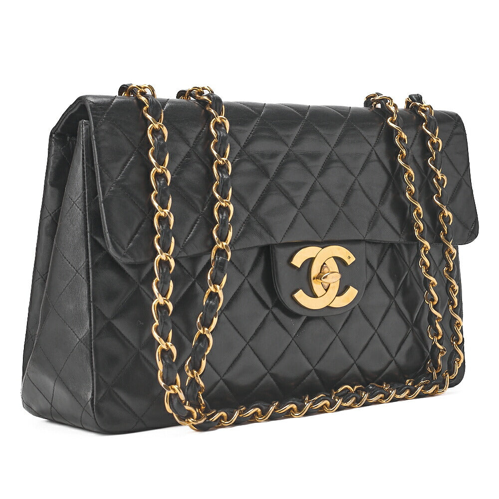 CHANEL Chain Shoulder Bag Deca Matelasse 34cm Single Flap Lambskin Black Gold-Tone Hardware, Pre-Owned
