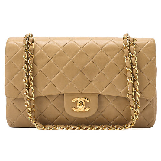 CHANEL Lambskin Matelasse 25cm W Flap Chain Shoulder Beige Gold-Tone Hardware, Pre-Owned