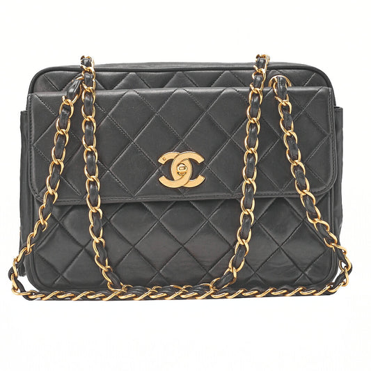 CHANEL Lambskin Matelasse Square Big Coco W Chain Shoulder Black Gold-Tone Hardware, Pre-Owned