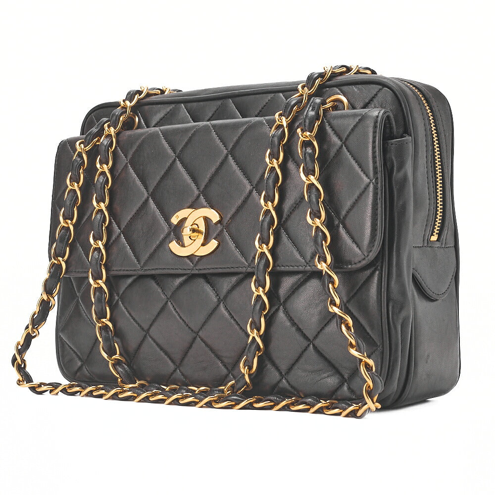 CHANEL Lambskin Matelasse Square Big Coco W Chain Shoulder Black Gold-Tone Hardware, Pre-Owned