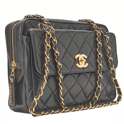 CHANEL Lambskin Matelasse Square Big Coco W Chain Shoulder Black Gold-Tone Hardware, Pre-Owned