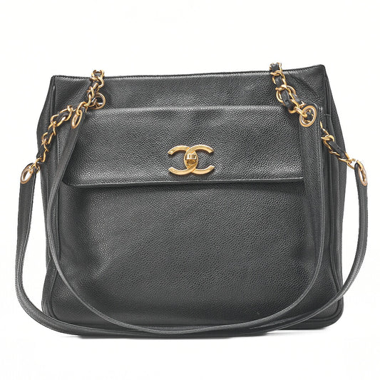 CHANEL Caviar Skin Outside Flap Chain Tote Black Gold-Tone Hardware, Pre-Owned