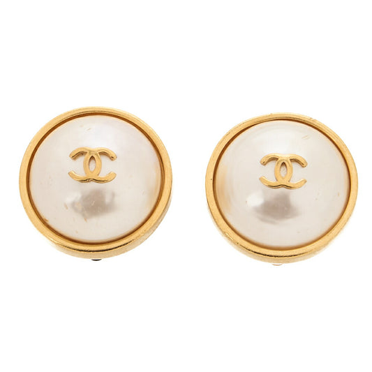 CHANEL Cocomark 95A Earrings GP X Faux Pearl Gold Gold-Tone Hardware, Pre-Owned