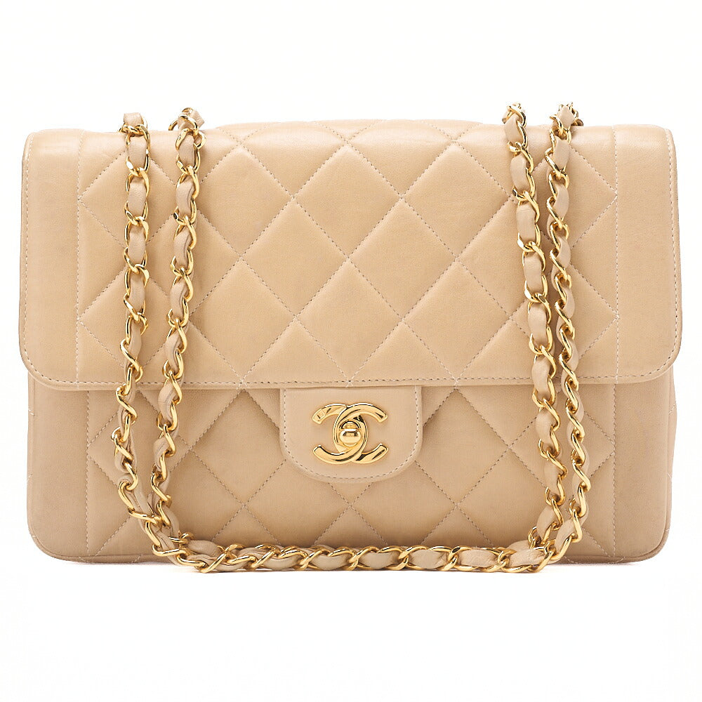 CHANEL Lambskin Matelasse 25cm Straight Flap Turnlock Chain Shoulder BeigeGold-Tone Hardware, Pre-Owned
