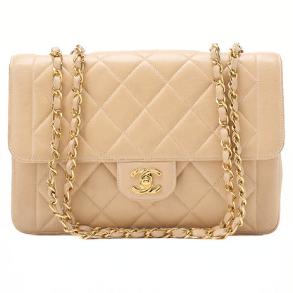 CHANEL Lambskin Matelasse 25cm Straight Flap Turnlock Chain Shoulder BeigeGold-Tone Hardware, Pre-Owned