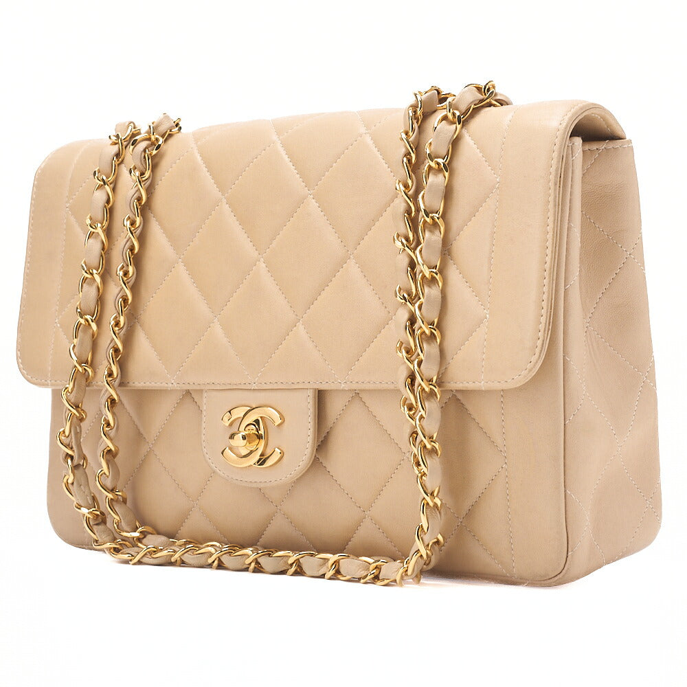 CHANEL Lambskin Matelasse 25cm Straight Flap Turnlock Chain Shoulder BeigeGold-Tone Hardware, Pre-Owned