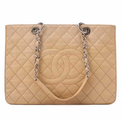 CHANEL Tote Bag Matelasse Caviar Skin Cocomark GST Double Chain Tote Beige Silver-Tone Hardware, Pre-Owned
