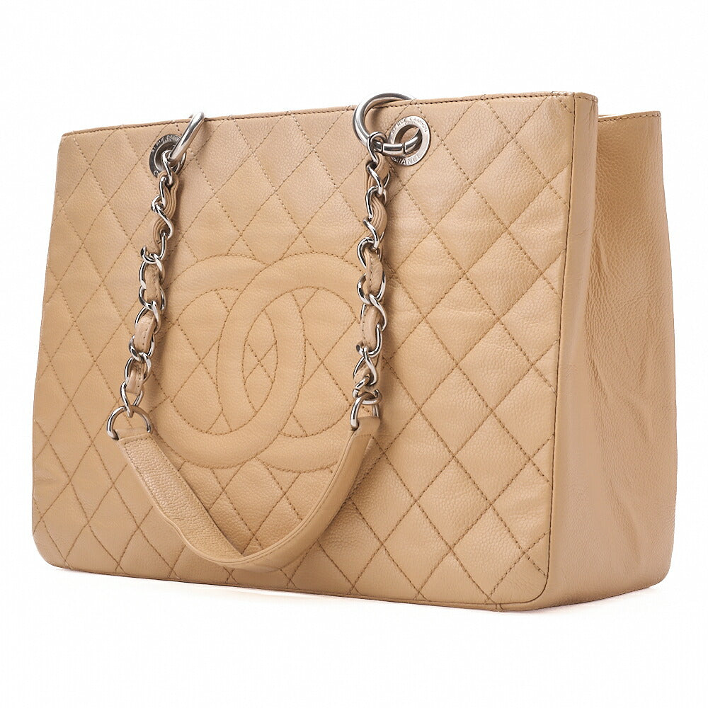 CHANEL Tote Bag Matelasse Caviar Skin Cocomark GST Double Chain Tote Beige Silver-Tone Hardware, Pre-Owned