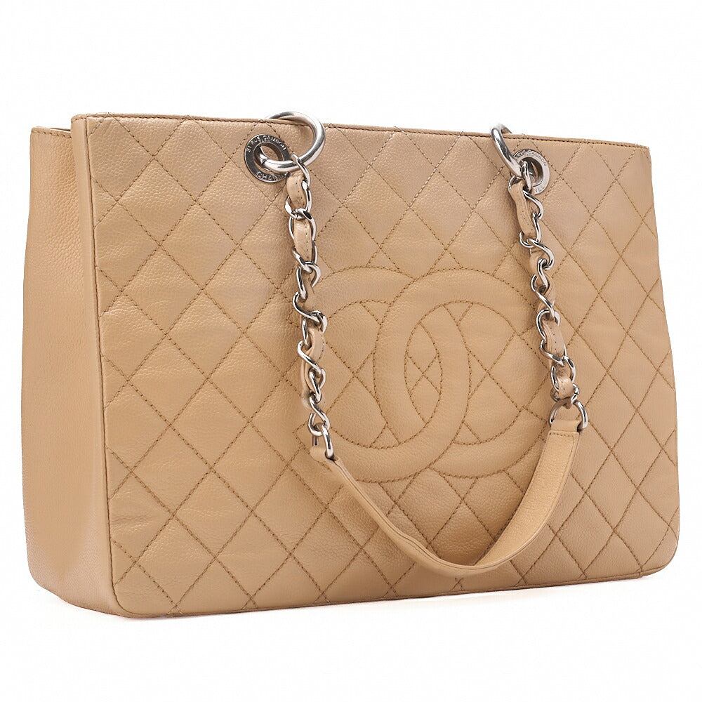 CHANEL Tote Bag Matelasse Caviar Skin Cocomark GST Double Chain Tote Beige Silver-Tone Hardware, Pre-Owned