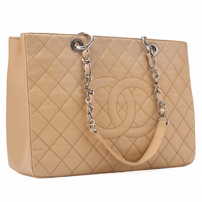 CHANEL Tote Bag Matelasse Caviar Skin Cocomark GST Double Chain Tote Beige Silver-Tone Hardware, Pre-Owned