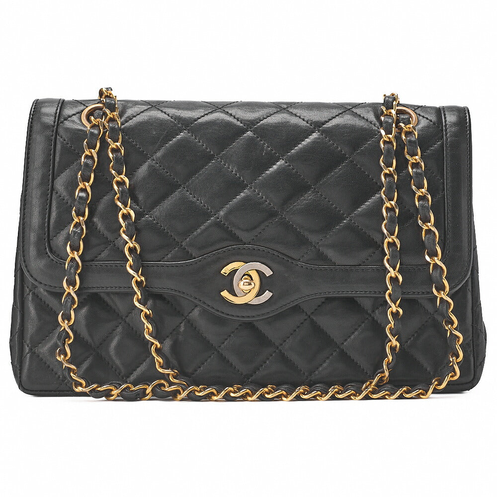 CHANEL Lambskin Matelasse Paris Limited Shoulder Bag Black Gold-Tone Hardware, Pre-Owned