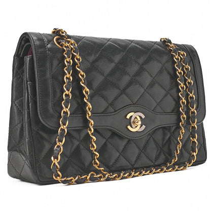 CHANEL Lambskin Matelasse Paris Limited Shoulder Bag Black Gold-Tone Hardware, Pre-Owned