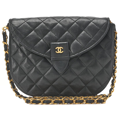 CHANEL Lambskin Matelasse Half Moon Push Lock Chain Shoulder Black Gold-Tone Hardware, Pre-Owned