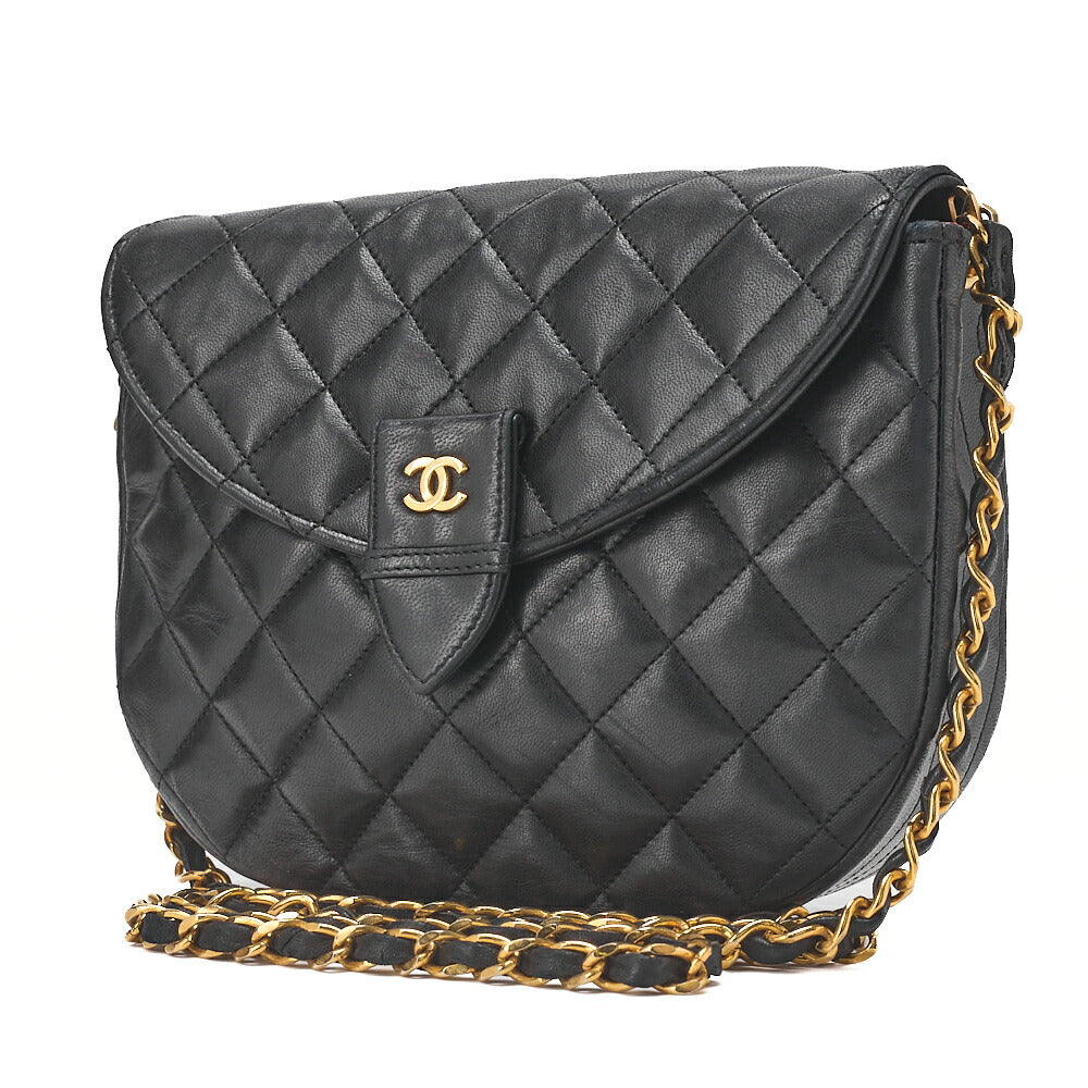 CHANEL Lambskin Matelasse Half Moon Push Lock Chain Shoulder Black Gold-Tone Hardware, Pre-Owned
