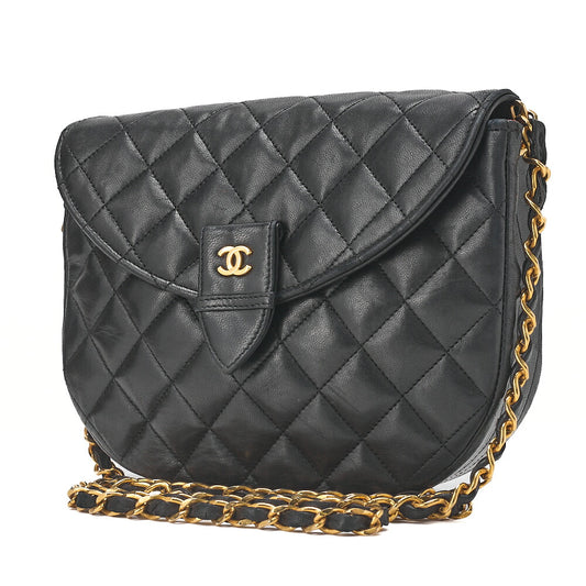 CHANEL Lambskin Matelasse Half Moon Push Lock Chain Shoulder Black Gold-Tone Hardware, Pre-Owned