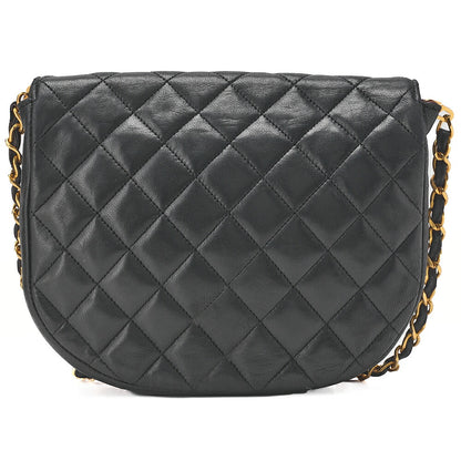 CHANEL Lambskin Matelasse Half Moon Push Lock Chain Shoulder Black Gold-Tone Hardware, Pre-Owned