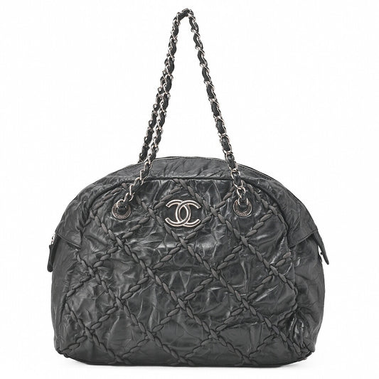 CHANEL Vintage Calf Ultra Stitch Coco Mark Chain Tote Bag Leather Black Silver-Tone Hardware, Pre-Owned