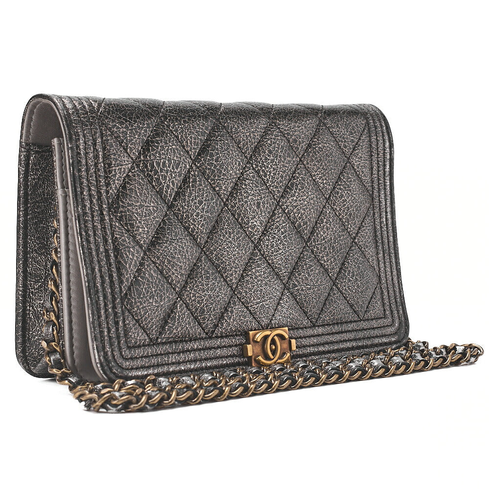 CHANEL Boy Chanel Matelasse Chain Wallet Leather Black Gold-Tone Hardware, Pre-Owned