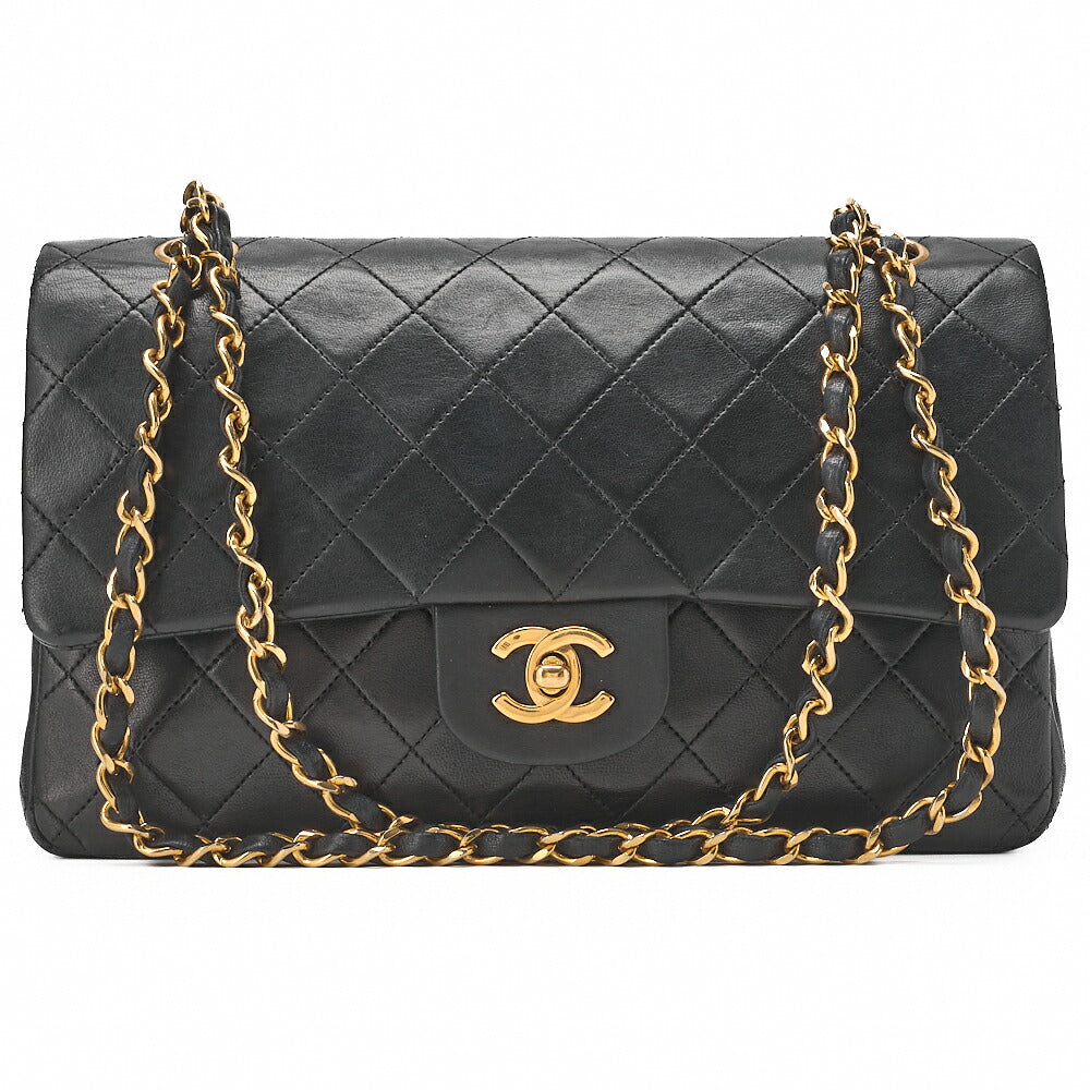 CHANEL Lambskin Matelasse W Flap 25 Chain Shoulder Black Gold-Tone Hardware, Pre-Owned