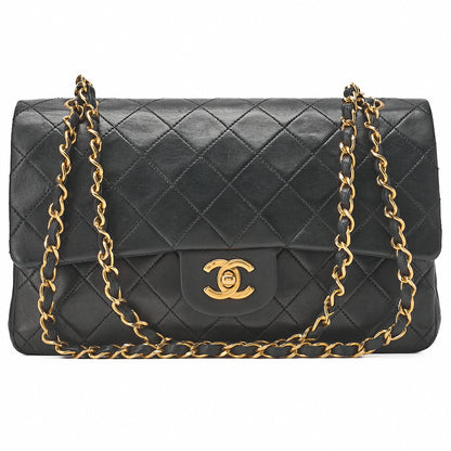 CHANEL Lambskin Matelasse W Flap 25 Chain Shoulder Black Gold-Tone Hardware, Pre-Owned