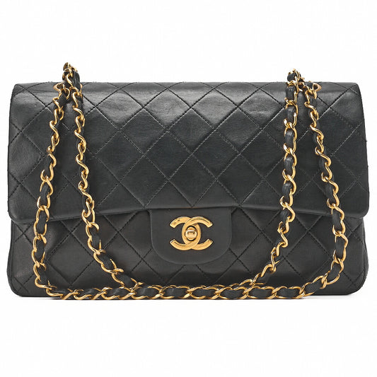 CHANEL Lambskin Matelasse W Flap 25 Chain Shoulder Black Gold-Tone Hardware, Pre-Owned