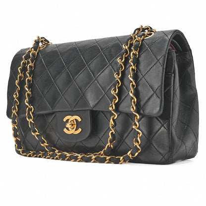 CHANEL Lambskin Matelasse W Flap 25 Chain Shoulder Black Gold-Tone Hardware, Pre-Owned