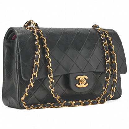 CHANEL Lambskin Matelasse W Flap 25 Chain Shoulder Black Gold-Tone Hardware, Pre-Owned