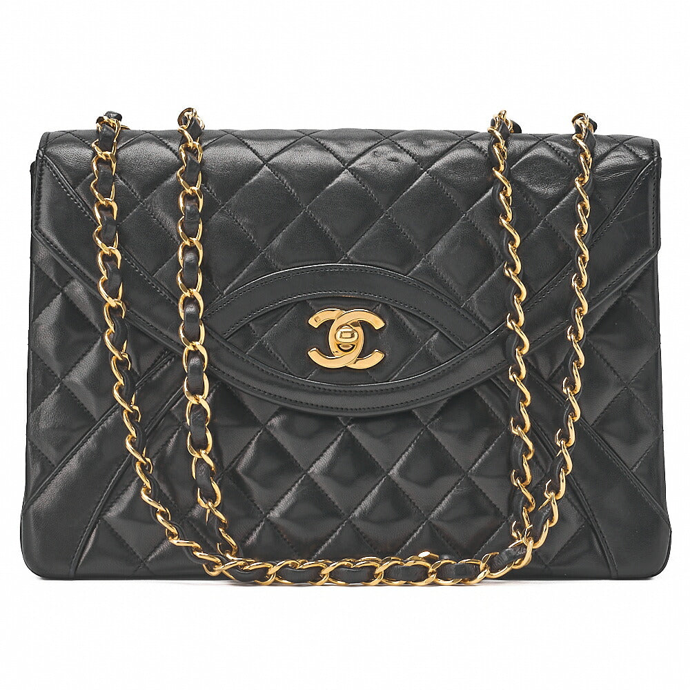 CHANEL Matelasse Turnlock Design Flap Chain Shoulder Bag Lambskin Black Gold-Tone Hardware, Pre-Owned